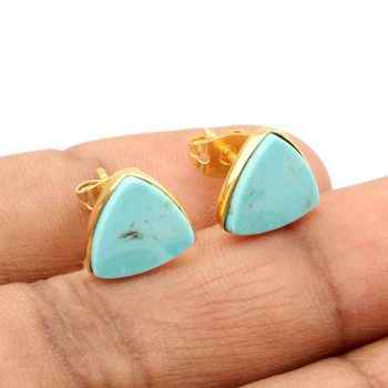 New Arrival Solid 925 Sterling Silver 12mm Trillion Bezel Stud Earring Gold Genuine Arizona Turquoise Handmade Women-Gift