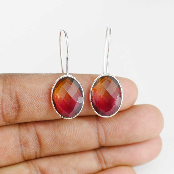 New Arrival Solid 925 Sterling Silver Bio-Color Tourmaline Quartz Oval Checker Cut Dangle Drop Earring for Women Fine Jewelry