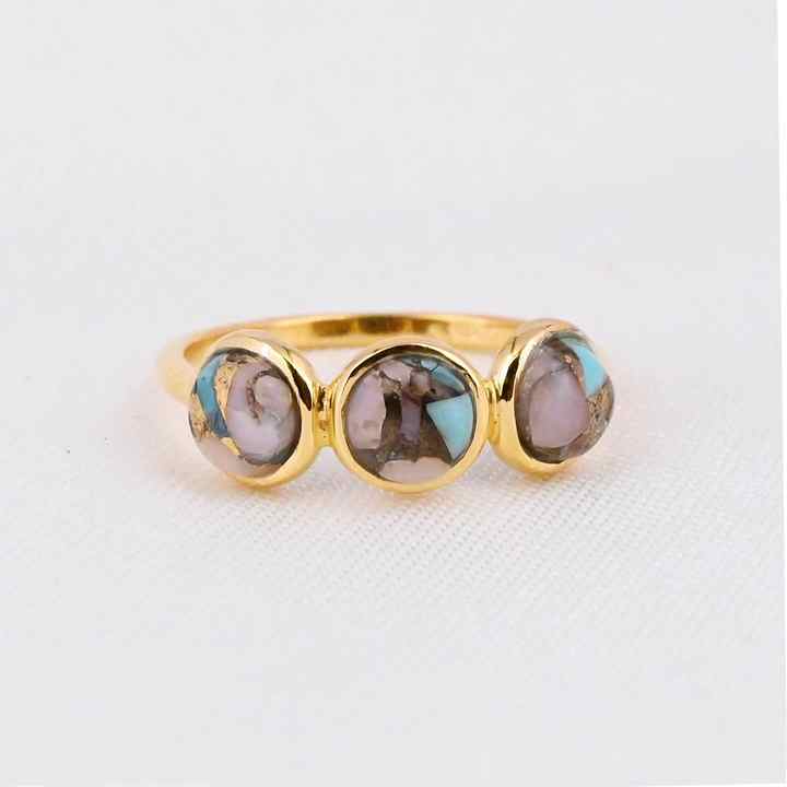 Hot Selling 5mm Mohave Pink Opal Copper Turquoise Handmade 925 Silver Gold Vermeil Half Eternity Women Ring Navajo Fine Jewelry