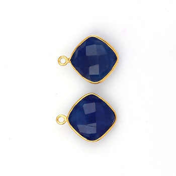 12mm Blue Sapphire Faceted Hydro Quartz Gemstone 18K Gold Plated Sterling Silver Bezel Cushion Fine Pendants Charms Pendant Bail