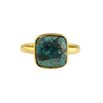 Solid 925 Sterling Silver Cushion Shape Ring 18K Gold Plated with Natural Chrysocolla Copper 12mm Bezel Setting for Women