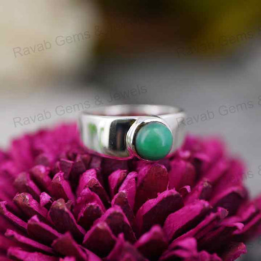 Handmade 7mm Natural Australian Chrysoprase Crystal Round Cut Cabochon 925 Silver Bezel Chunky Band Ring Fine Jewelry For Women