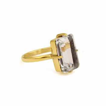 Handmade Design Natural Clear Quartz Emerald Cut Ring Sterling Silver With Gold Plating Fine Semi-Precious Crystal Quartz Ring