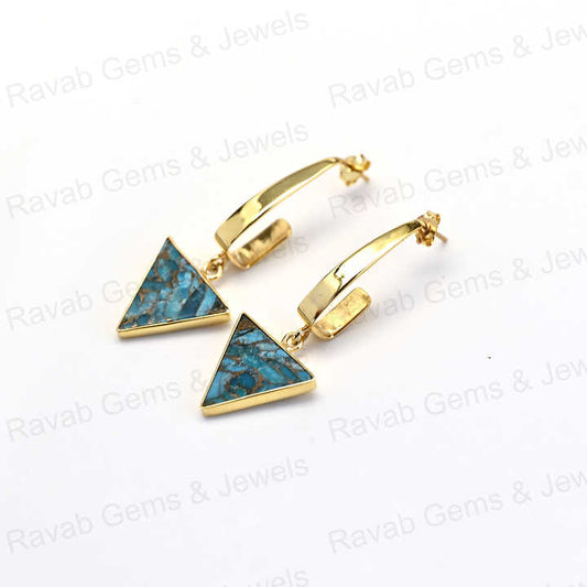 New Arrival Solid 925 Sterling Silver Natural Blue Copper Turquoise Smooth 18k Gold Plated Dangle Drop Fine Earring for Women