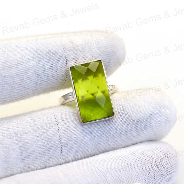 Top Selling Green Peridot Hydro Ring Sterling 925 Silver 10x14mm Checker Cut Faceted Bezel Setting Ring for Women Jewelry