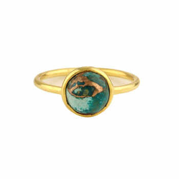 18K Gold Plated Boho Vintage Dainty Ring for Women New Design 8mm Natural Chrysocolla Copper Gemstone Bezel Jewelry