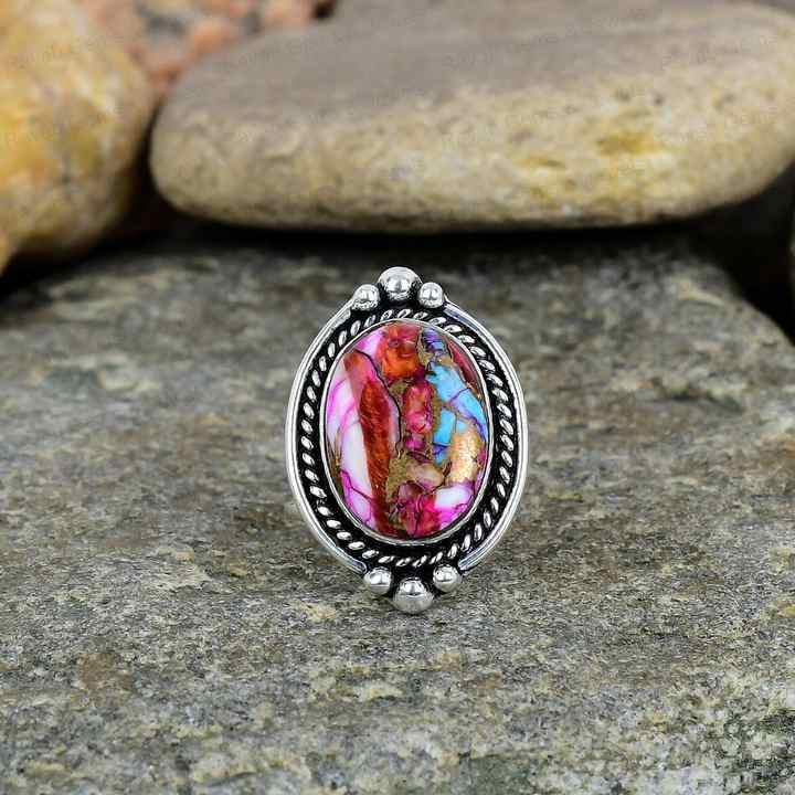 Natural Kingman Pink Dahlia Oyster Turquoise Solid 925 Sterling Silver Oval 10x14mm Bezel Setting Vintage Handmade Ring Women