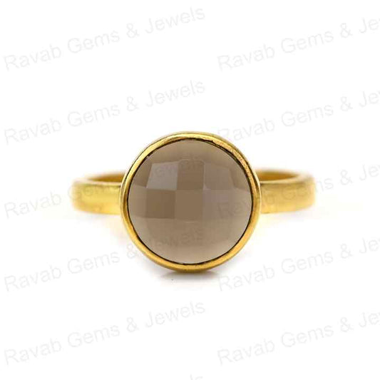 Top Quality Solid 925 Sterling Silver Natural Grey Chalcedony Round Cut 12mm Bezel Setting 18k Gold Filled Fine Ring for Women