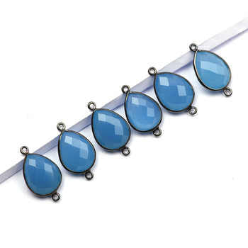 Top Quality 12x16mm Blue Chalcedony Oxidized Gemstone Charms Gold Plated Sterling Silver Connectors Fine Pendants Charms