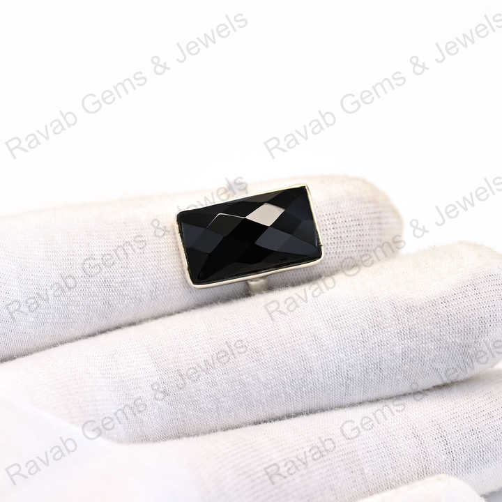 Best Quality Solid 925 Sterling Silver Women's Fine Handmade Bezel Setting Ring Black Onyx Checker Cut Rectangle Shape Elegant
