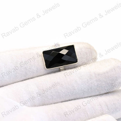 Best Quality Solid 925 Sterling Silver Women's Fine Handmade Bezel Setting Ring Black Onyx Checker Cut Rectangle Shape Elegant