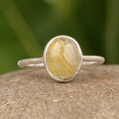 Beautiful 10x14mm Oval Shape Dainty Ring Women High Quality Golden Rutilated Quartz Gemstone Genuine 925 Sterling Silver Fine