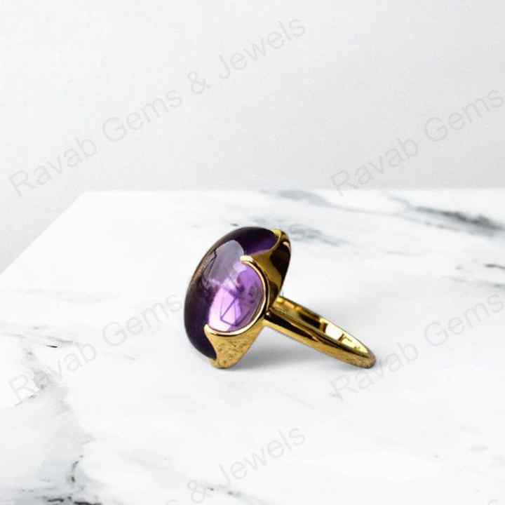 New Arrival Solid 925 Sterling Silver Natural Amethyst Cabochon 10x14mm Prong Setting 18k Gold Plated Ring for Women Jewelry
