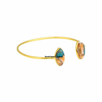 18K Gold Plated 925 Silver Dainty Marquise Cuff Bangle 8x16mm Natural Spiny Oyster Copper Turquoise Gemstone Fine Bracelet