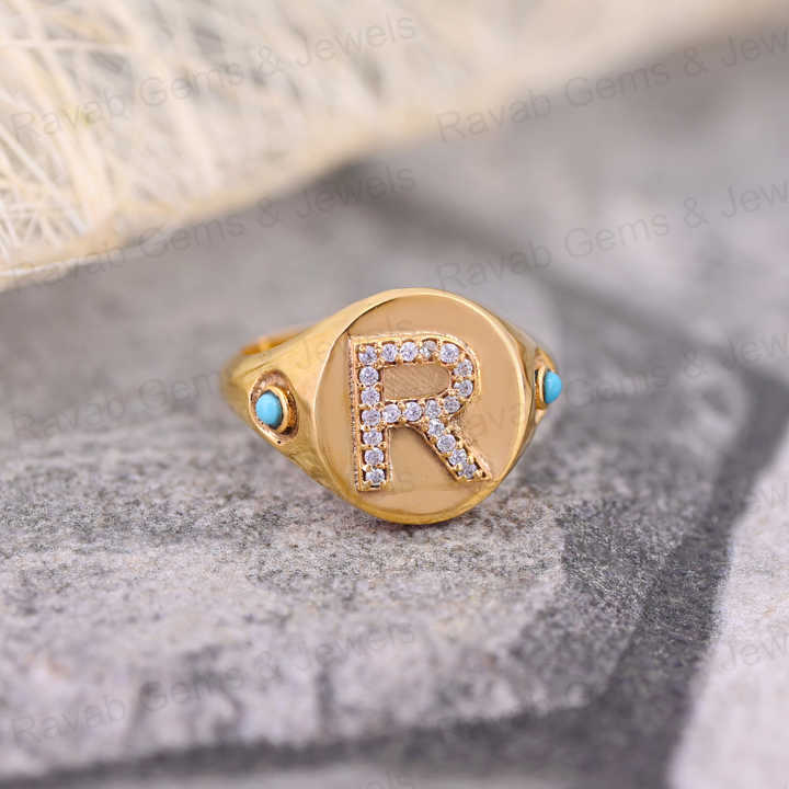 Best Selling 925 Silver CZ Diamond With Turquoise Initial Letter Personalized Solomon Signet Oval Men's Pinky Ring Fine Jewelry