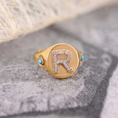 Best Selling 925 Silver CZ Diamond With Turquoise Initial Letter Personalized Solomon Signet Oval Men's Pinky Ring Fine Jewelry