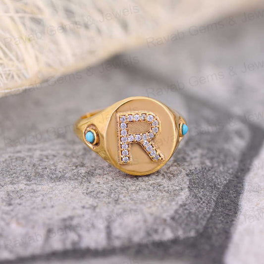 Best Selling 925 Silver CZ Diamond With Turquoise Initial Letter Personalized Solomon Signet Oval Men's Pinky Ring Fine Jewelry