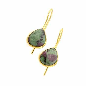 Top Quality Handmade 925 Sterling Silver Dangle Earrings 18K Gold Plated Lovely Ruby Zoisite Natural Gemstone Teardrop Design"