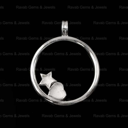 Selling Genuine 925 Silver Round Circle Disc With Star Heart Charm Semi Mount CZ Pendant Base for Keepsake Breastmilk Jewelry