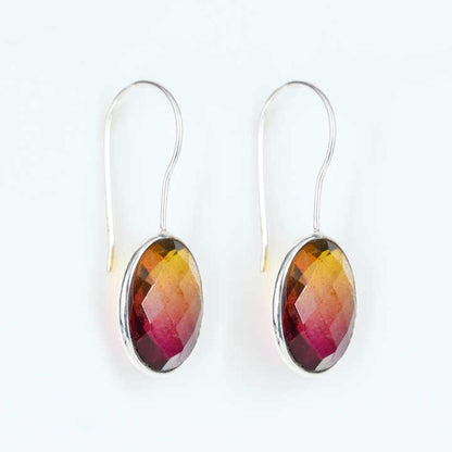 New Arrival Solid 925 Sterling Silver Bio-Color Tourmaline Quartz Oval Checker Cut Dangle Drop Earring for Women Fine Jewelry
