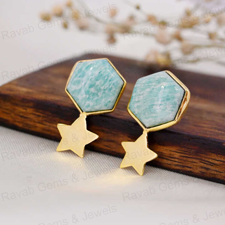 Beautiful 12mm Amazonite Hexagon Gemstone With Star Handmade Solid 925 Silver 18k Gold Drop Drizzle Earring Fine Jewelry For Her