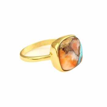 12mm Mohave Turquoise Spiny Oyster 18K Gold Plated Dainty Boho Designer Cushion Ring Fine Sterling Silver Her Gemstone Ring