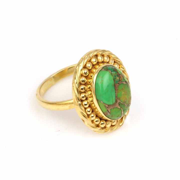 Top Selling 10x14mm Mohave Green Copper Turquoise Gemstone 925 Sterling Silver 18k Gold Plated Oval Shape Ring Women Jewelry
