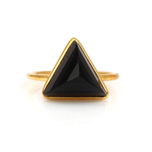 Hot Selling 12mm Natural Black Onyx Gemstone Bezel Sterling Silver 18k Gold Plated Triangle Pyramid Cut Ring for Women Jewelry