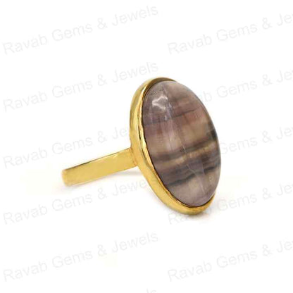 Top Quality Solid 925 Sterling Silver Natural Fluorite Smooth Cabochon 10x14mm Bezel Setting 18k Gold Filled Ring for Women