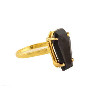 Top Selling 10x17mm Natural Black Onyx Gemstone Minimalist Gold-Plated 925 Sterling Silver Coffin Shape Ring Women Fine Jewelry