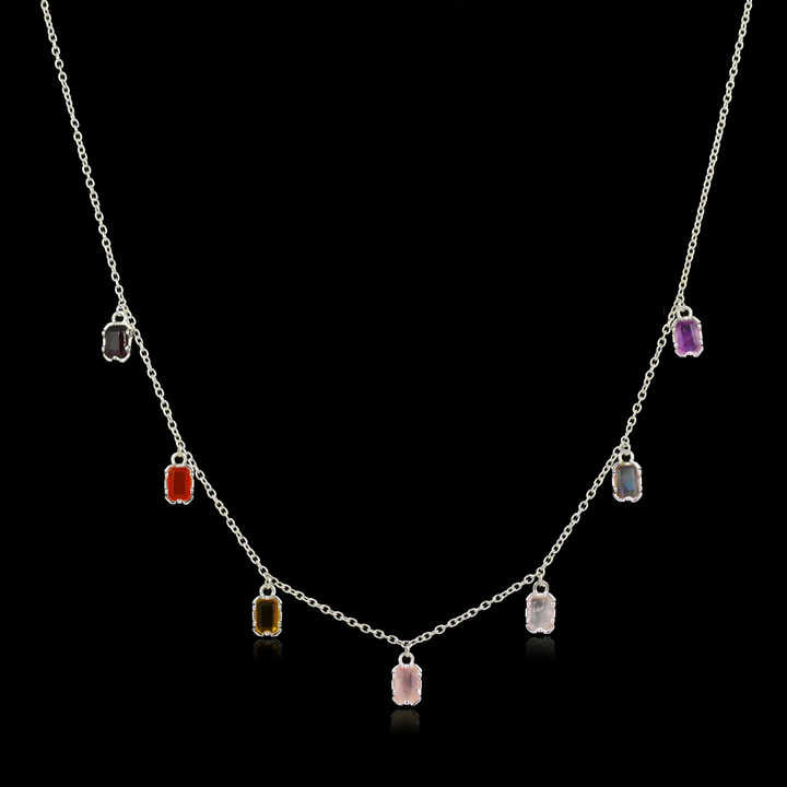 Best Selling 925 Silver Octagon Natural Crystal Multi-Color 7 Birthstone Station Charm Pendant Layering Necklace Fine Jewelry