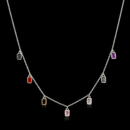 Best Selling 925 Silver Octagon Natural Crystal Multi-Color 7 Birthstone Station Charm Pendant Layering Necklace Fine Jewelry