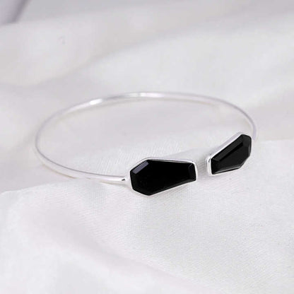 Top Selling Genuine Solid 925 Silver Black Onyx Coffin Shape Bezel Setting Minimalist Statement Adjustable Cuff Bangle For Women