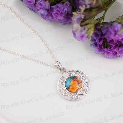 Handmade 10mm Spiny Oyster Copper Turquoise Gemstone Rhodium 925 Silver Designer Boho Women Pendant Necklace Fine Navajo Jewelry