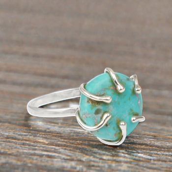 Top Selling 925 Sterling Silver Women's Ring New Design 12mm Kingman Arizona Turquoise Gemstone 6 Prong Setting Dainty Fine
