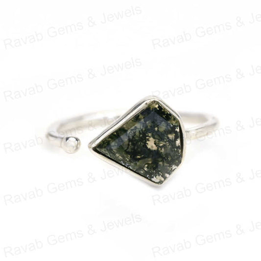 Superb Quality Natural Green Moss Agate Ring Sterling 925 Silver 10x10mm Faceted Bezel Setting Adjustable Ring for Fine Women