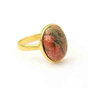 Top Quality 10x14mm Natural Unakite Gemstone Bezel Setting Wholesale Genuine Sterling Silver Gold Plated Oval Shape Ring for Her