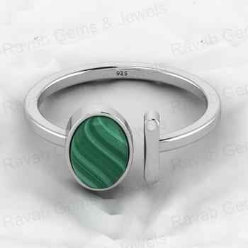 Women's Handmade 925 Sterling Silver Adjustable Ring Top Selling Genuine Malachite Gemstone 6x8mm Oval Shape Fine Jewelry