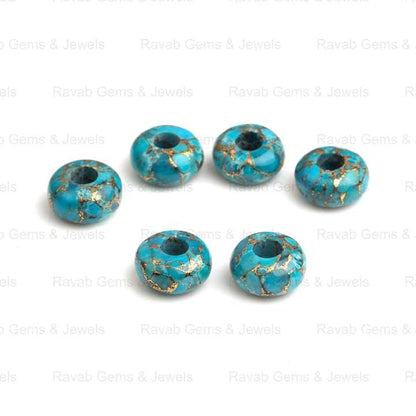 14x8mm Natural Polished Blue Copper Turquoise Rondelle Shape Smooth Big Hole Size Calibrated Gemstone Beads for Making Jewelry