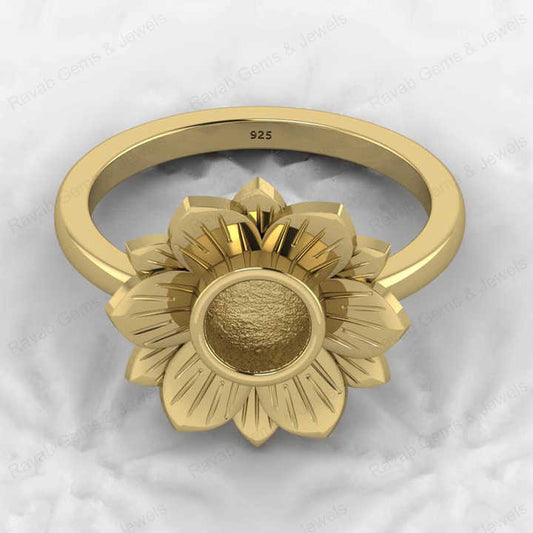 High Quality 925 Sterling Silver 10mm Lotus Flower Semi Mount Blank Bezel Setting Ring Good for Resin Gemstone Designer Jewelry