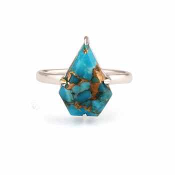 New Arrival Solid 925 Sterling Silver Natural Mohave Copper Turquoise 7x15mm Fancy Shape Prong Setting Ring for Women Jewelry