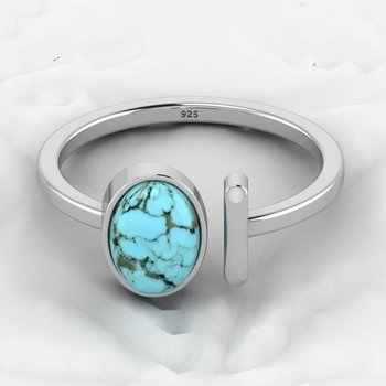Top Selling 8x10mm Genuine Kingman Blue Turquoise Solid 925 Sterling Silver Adjustable Ring for Women Fine Jewelry