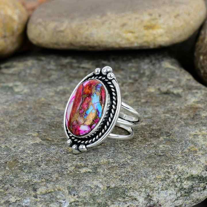 Natural Kingman Pink Dahlia Oyster Turquoise Solid 925 Sterling Silver Oval 10x14mm Bezel Setting Vintage Handmade Ring Women