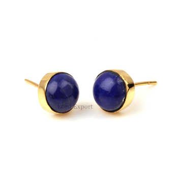 18K Gold Plated 925 Sterling Silver Dainty Minimalist Stud Earring Women 9mm Natural Lapis Lazuli Shape Bezel Setting Parties