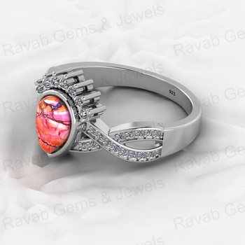 Women's High Quality 18K Gold Plated 925 Silver Crown Ring 6x8mm Pink Spiny Oyster Pear Gemstone with Twisted CZ Fine Jewelry