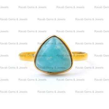 Top Selling 18K Gold Plated Fine Sterling Ring for Women 12mm Natural Smithsonite Gemstone Bezel Dainty Boho Trillion Ring