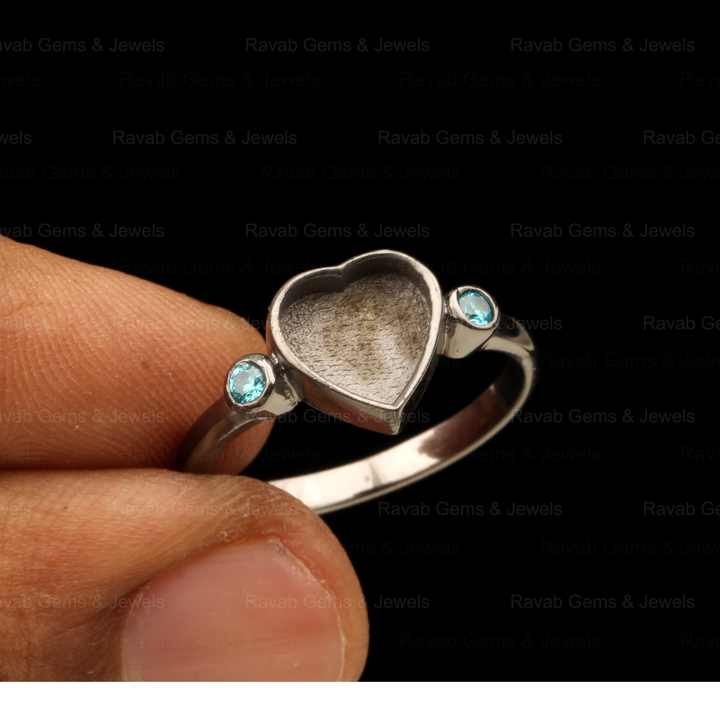 Best Selling 925 Solid Silver 8mm Heart Blue Zircon Semi Mount Ring Good Gemstone Resin Ashes Work Jewelry Findings & Components