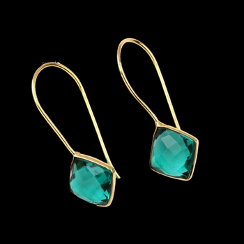 Top Solid 925 Sterling Silver Women's Drop Dangle Earrings Green Teal Sapphire Hydro 12mm Cushion Checker Cut 18K Gold Dangle