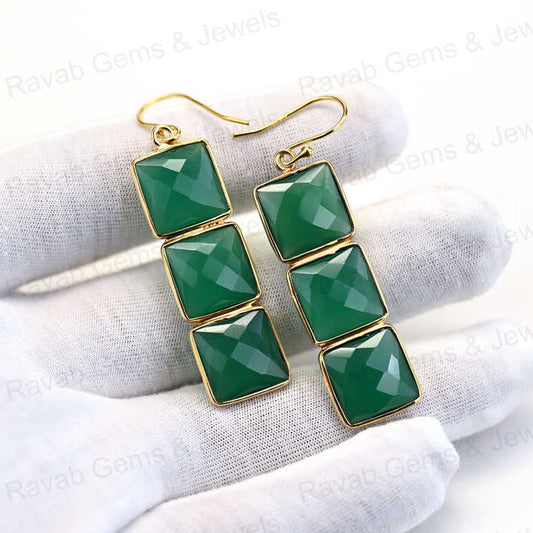 Best Quality Solid 925 Sterling Silver 10mm Natural Green Onyx Square Checker Cut 18k Gold Plated Dangle Drop Earring for Women