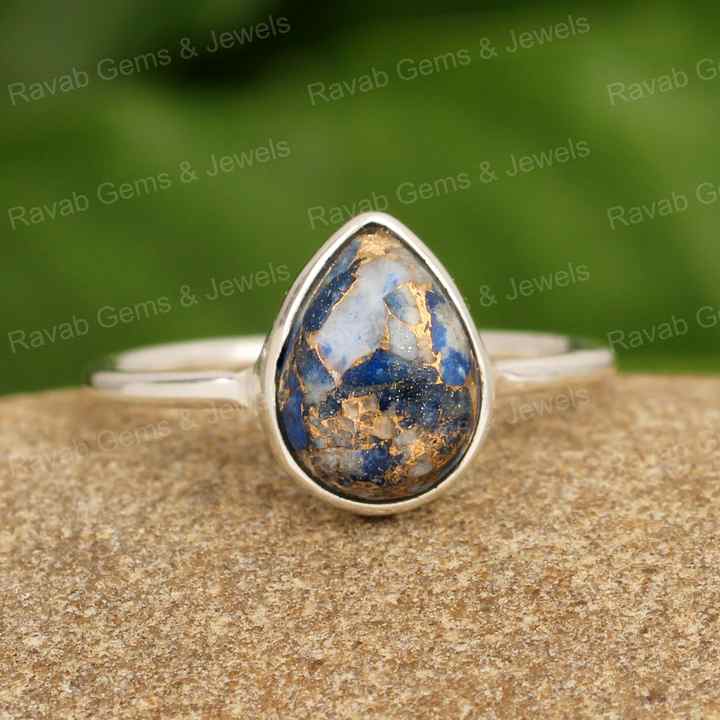 Natural Lapis Lazuli Copper Gemstone 10x14mm Pear Cabochon Solid 925 Sterling Silver Fine Handmade Women's Ring High Quality